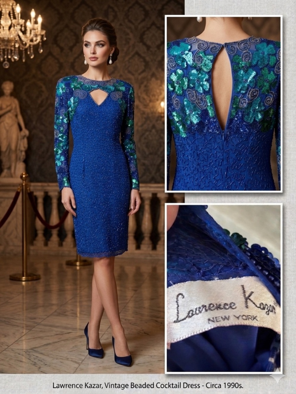 Laurence Kazar Sapphire Blue and Teal Beaded Long Sleeve Cocktail Dress